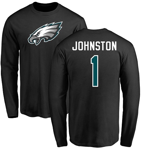 Men Philadelphia Eagles #1 Cameron Johnston Black Name and Number Logo Long Sleeve NFL T Shirt